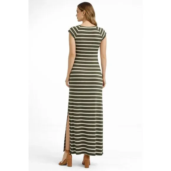 Olive Green Striped Maxi Dress Women’s Bodycon Long Casual Size SM - Picture 2 of 4